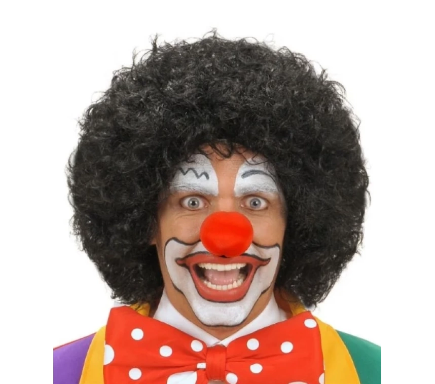 NessiWorld Siyah Renk Kıvırcık Afro Bonus Peruk Saç ve Kırmızı Sünger Burun Seti