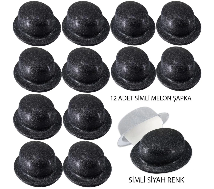 Nessiworld   Siyah Renk Simli Melon Yuvarlak Parti Şapkası 12 Adet