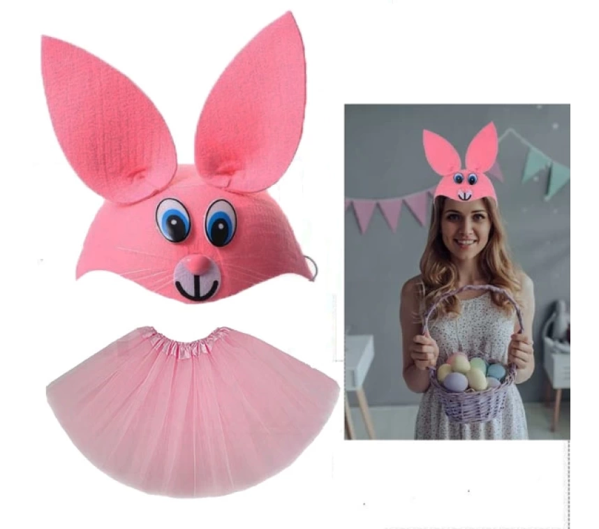 NessiWorld Tavşan Kostümü Pembe - 23 Nisan Tavşan Şapka ve Tütü Etek Seti 2 Parça