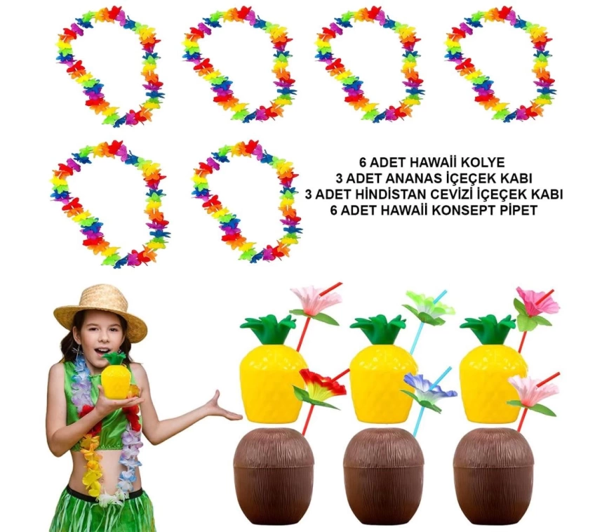 Nessiworld Tropikal Hawaii Parti Malzemeleri – Kolye, Pipet, Bardak Seti