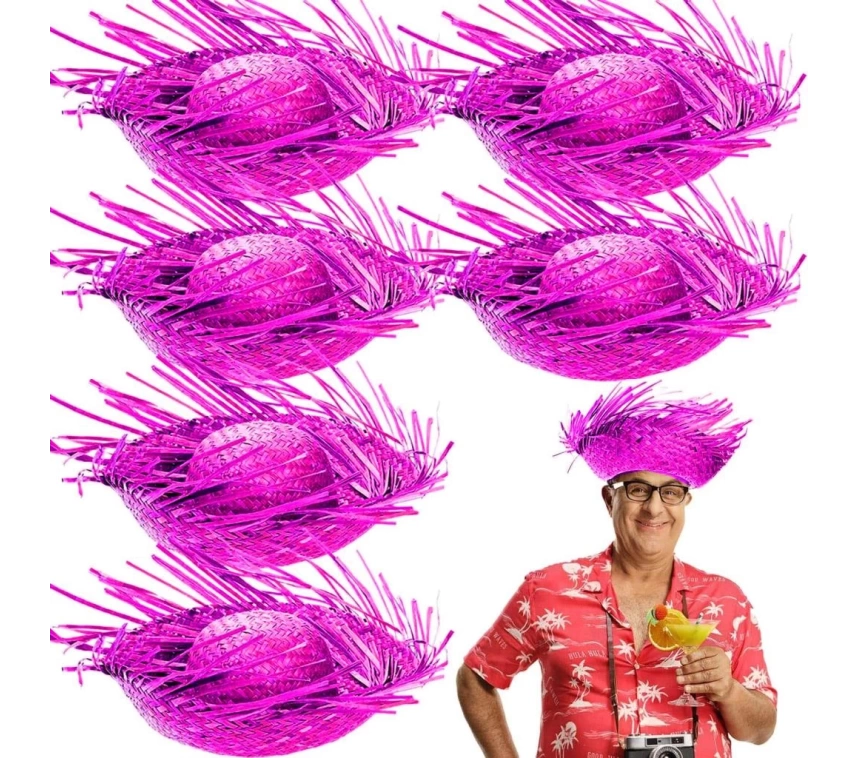 Nessiworld Tropikal Parti Pembe Fuşya Hasır Hawaii Şapkası 13x36 cm