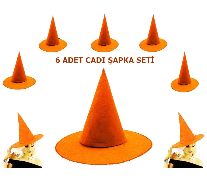 Nessiworld Turuncu Renk Keçe Cadı Şapkası Yetişkin Çocuk Uyumlu 6 Adet