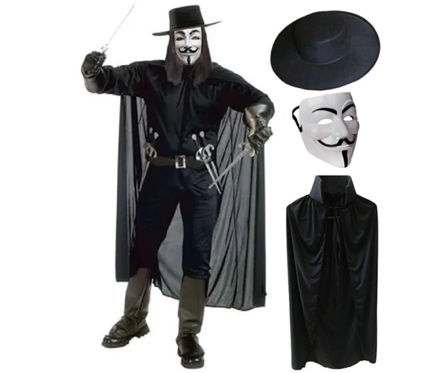 Nessiworld V For Vendetta Maskesi Şapkası ve Pelerin Kostüm Seti Yetişkin Boy