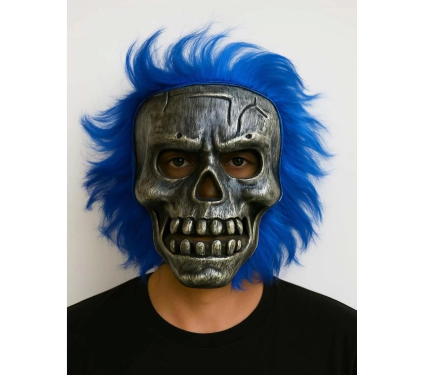 Nessiworld Wild Skull - Gümüş Kafatası Mavi Saçlı İskelet Maske