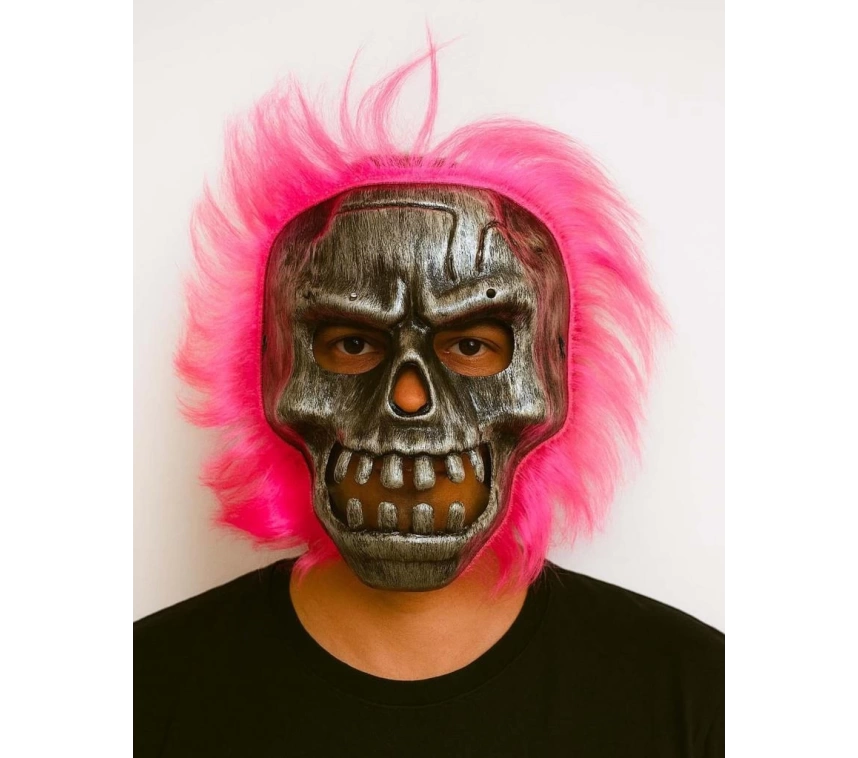 Nessiworld Wild Skull - Gümüş Kafatası Pembe Saçlı İskelet Maske