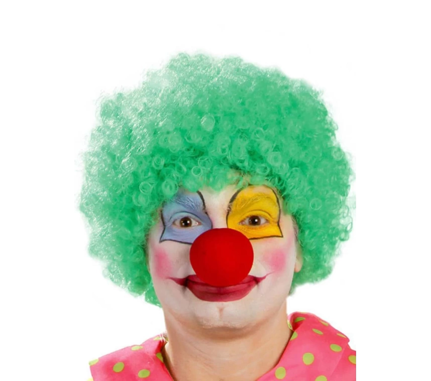Nessiworld Yeşil Renk Kıvırcık Afro Bonus Peruk Takma Saç ve Kırmızı Burun Seti