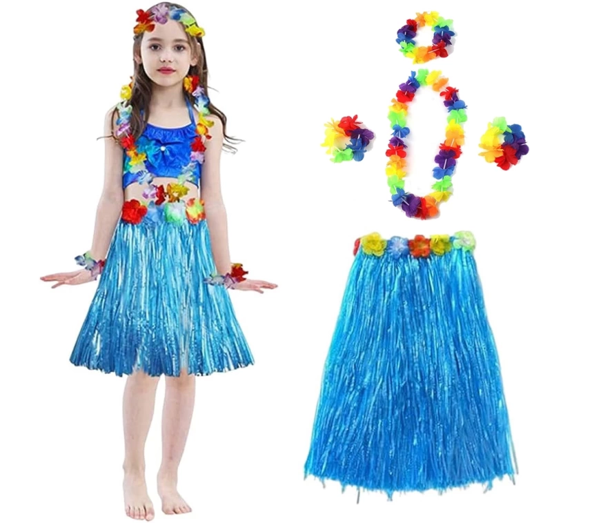 Nessiworld   Yetişkin ve Çocuk Uyumlu Hawaii Luau Aloha Mavi Püsküllü Etek Kolye Taç ve 2 Adet Bileklik Seti