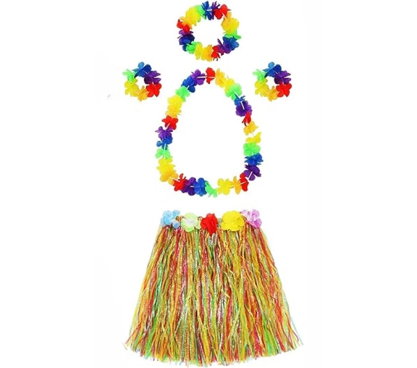 Nessiworld Yetişkin ve Çocuk Uyumlu Luau Aloha Hawaii  Kolye Renkli Etek Taç ve Bileklik Seti