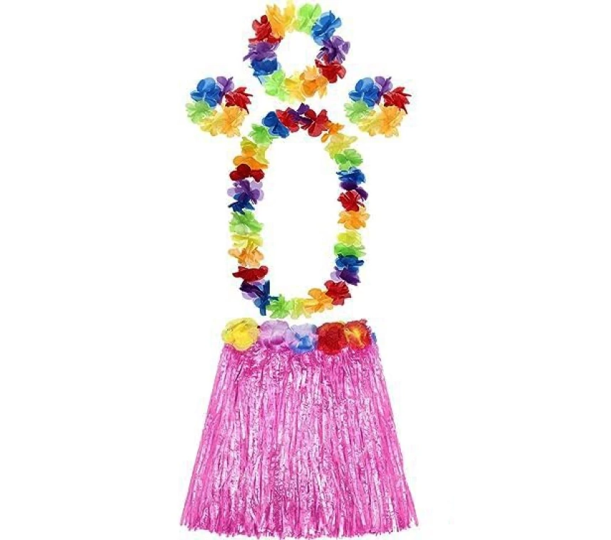 Nessiworld   Yetişkin ve Çocuk Uyumlu Luau Aloha Hawaii Pembe Etek ve Renkli Kolye Taç 2 Adet Bileklik Seti