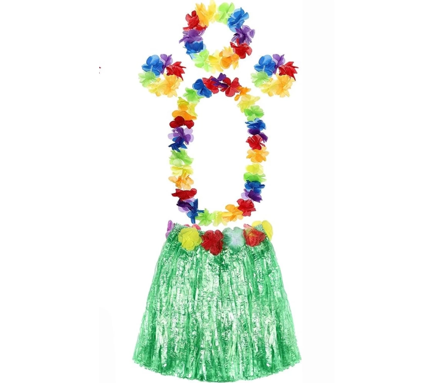 NessiWorld Yetişkin ve Çocuk Uyumlu Luau Aloha Hawaii Yeşil Etek ve Renkli Kolye Taç 2 Adet Bileklik Seti