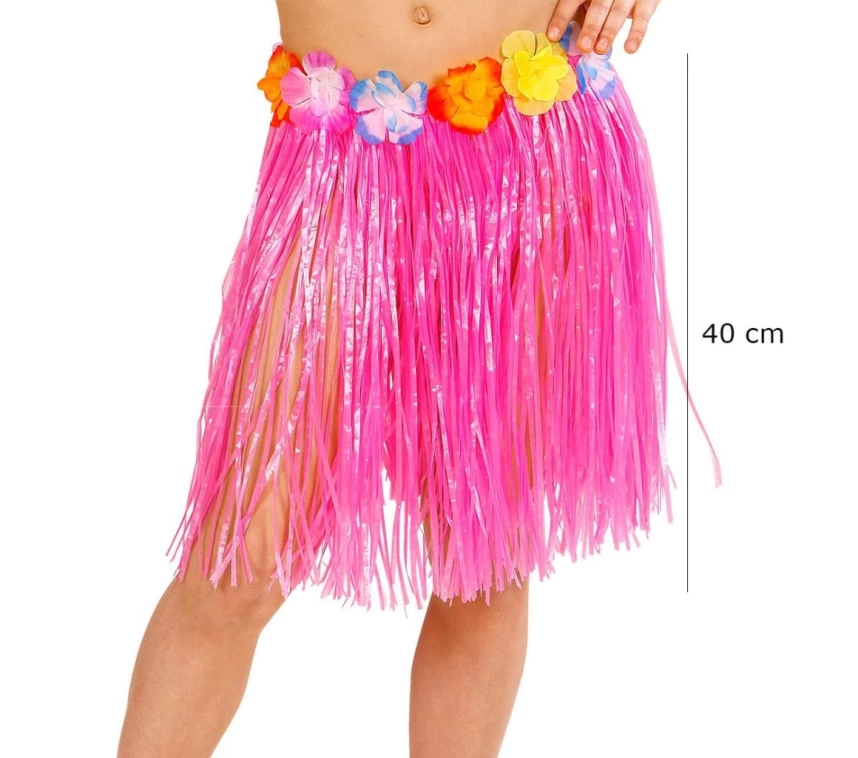 Nessiworld Yetişkin ve Çocuk Uyumlu Pembe Renk Püsküllü Hawaii Luau Hula Etek 40 cm