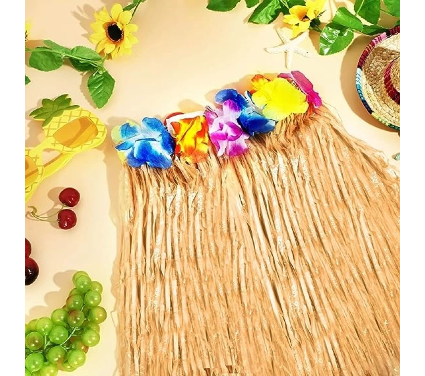 Nessiworld Yetişkin ve Çocuk Uyumlu Saman Renk Hawaii Luau Hula Etek 40 cm 12 Adet