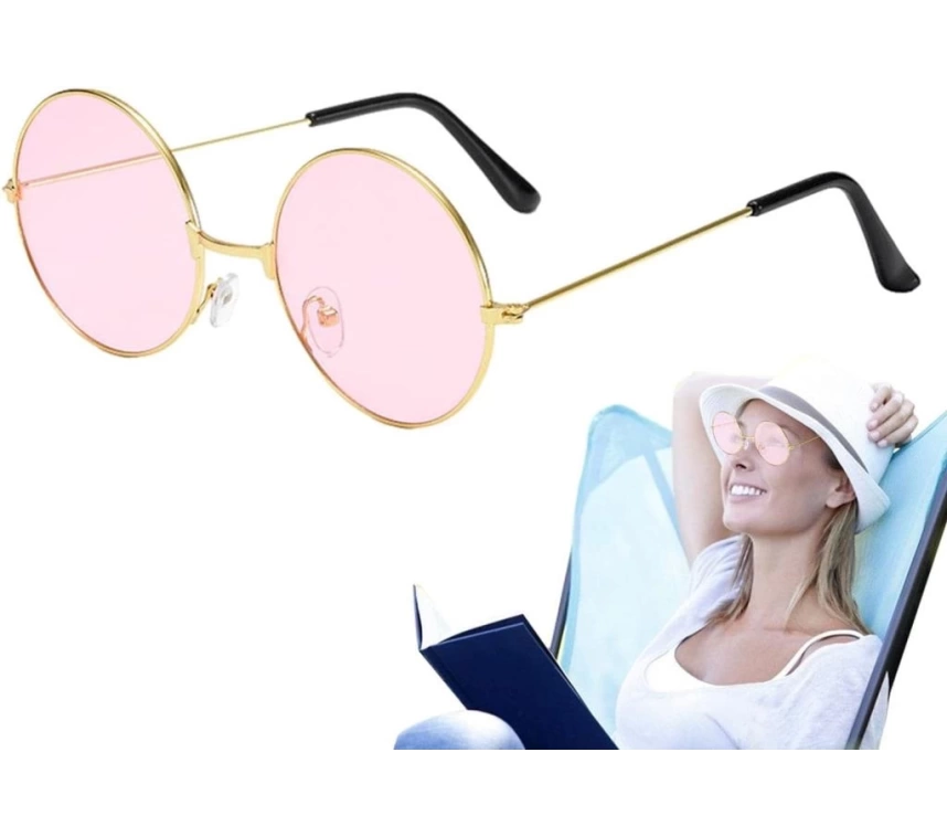 NessiWorld Yuvarlak Cam John Lennon Tarzı Hippi Gümüş Çerçeveli Pembe Gözlük