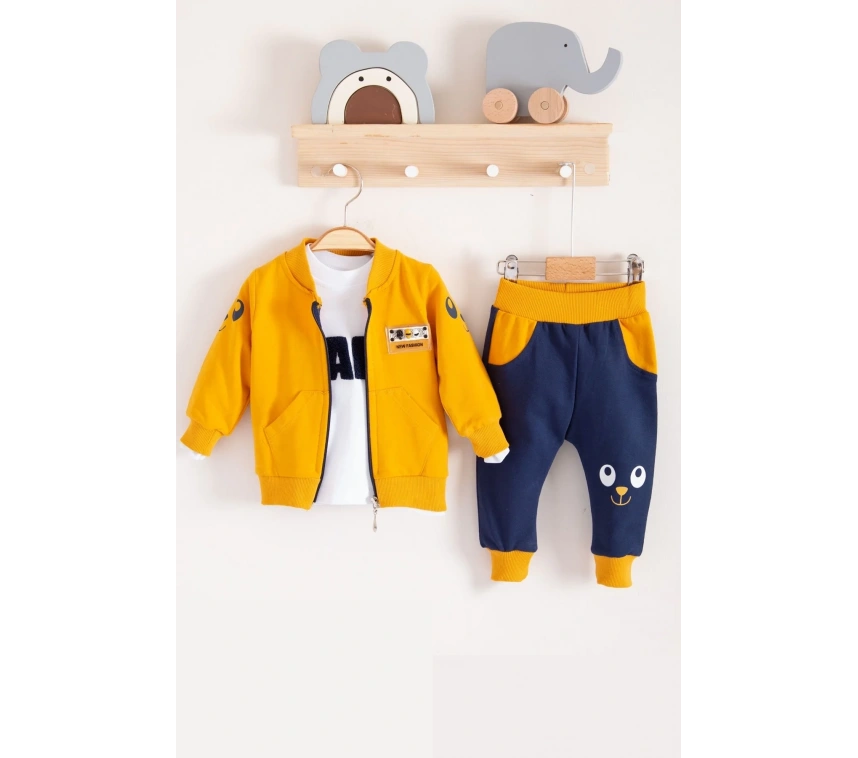 New Fashıon Hırkalı 3lü % 100 Pamuk Erkek Bebek Takımı