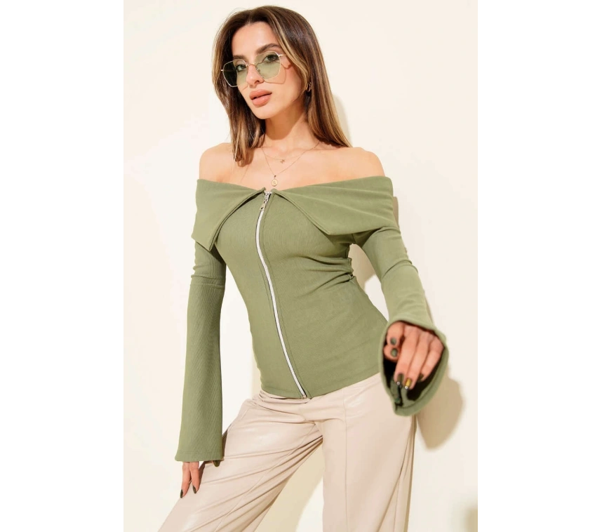 Omzu Açık Fermuarlı Bluz haki T4330