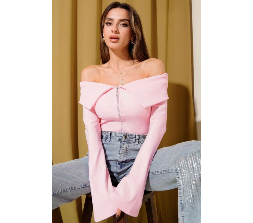 Omzu Açık Fermuarlı Bluz pembe T4330