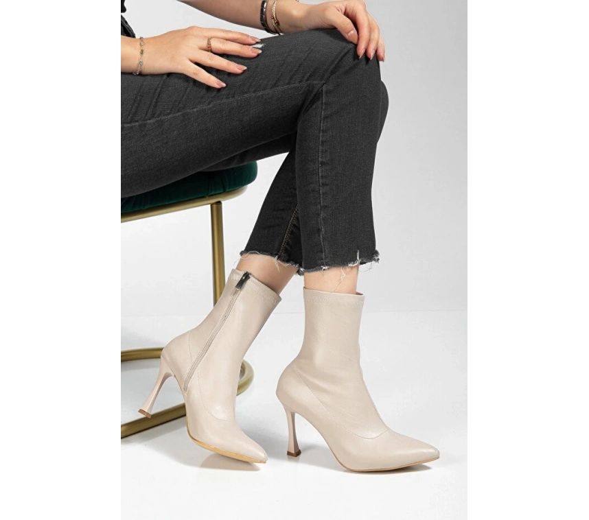 Orjen Bej Cilt Streç Topuklu Bot