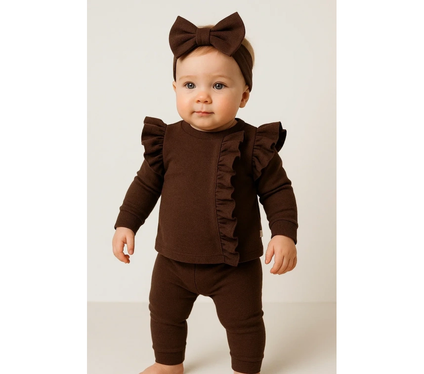 Orkide Büzgü Detaylı 3 Parça Kız Bebek Takımı %100 Pamuk