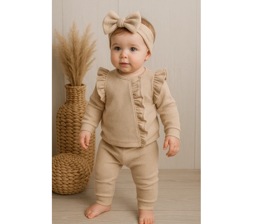 Orkide Desenli Fisto Detaylı 3 Parça Kız Bebek Takımı %100 Pamuk