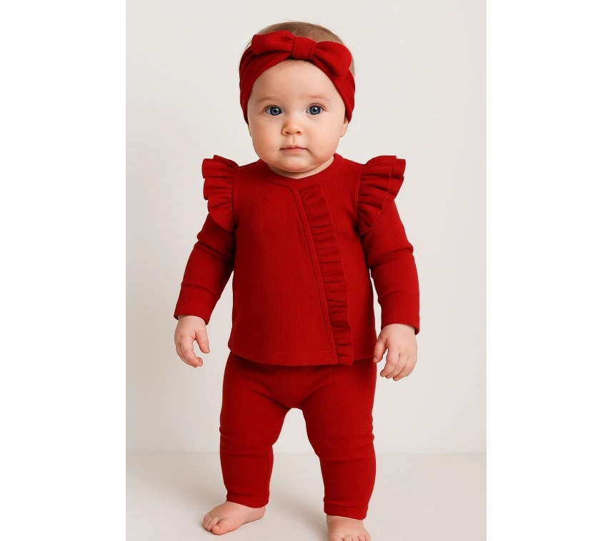 Orkide Desenli Fisto Detaylı 3 Parça Kız Bebek Takımı %100 Pamuk