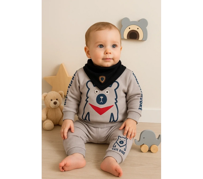 Oynar Gözlü Fularlı 3lü Erkek Bebek Takımı