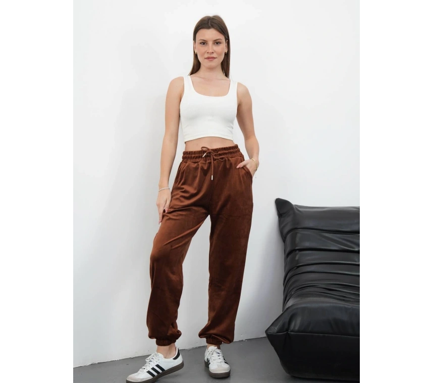 Paça lastikli kadife eşofman kahve md34