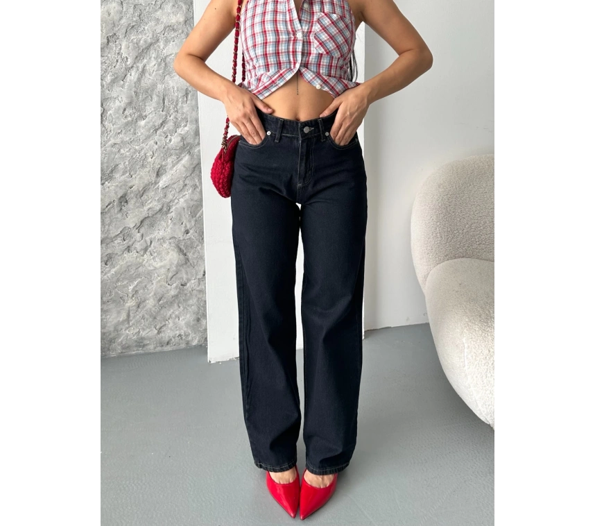 Palazzo süper taş enzim tint yıkama koyu lacivert jeans pantolon