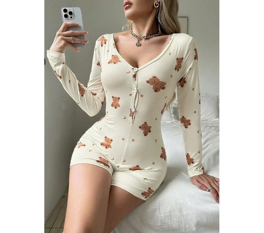 Pamuklu Ekru Ayıcık Desenli Düğmeli Tulum Pijama