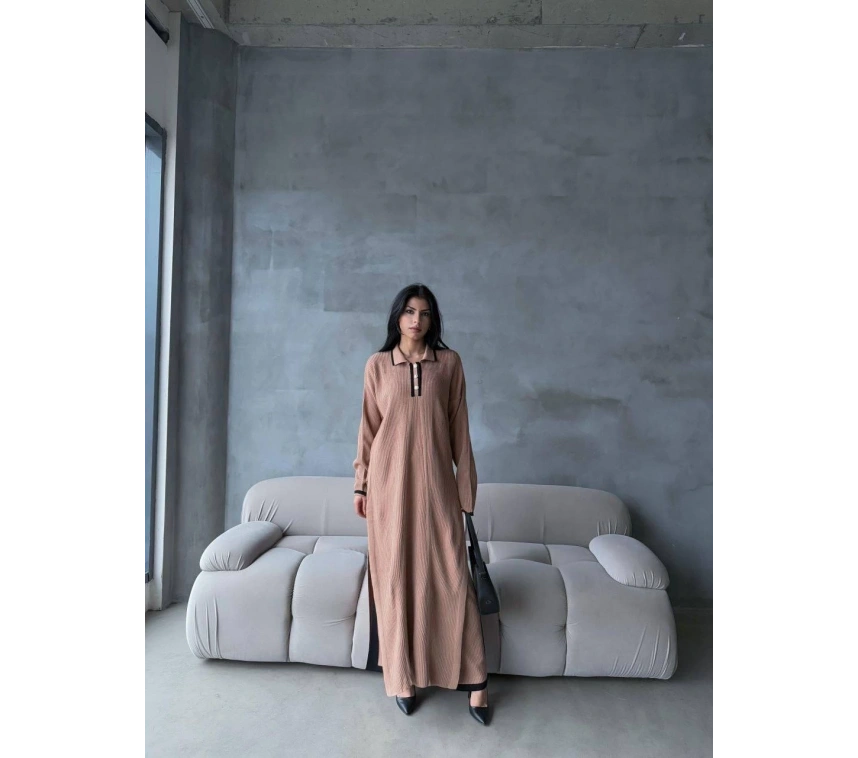 Pantolon yırtmaçlı elbise ikili triko takım vizon elf