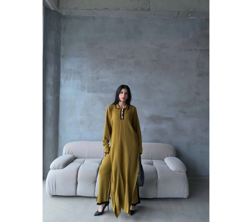 Pantolon yırtmaçlı elbise ikili triko takım yeşil elf