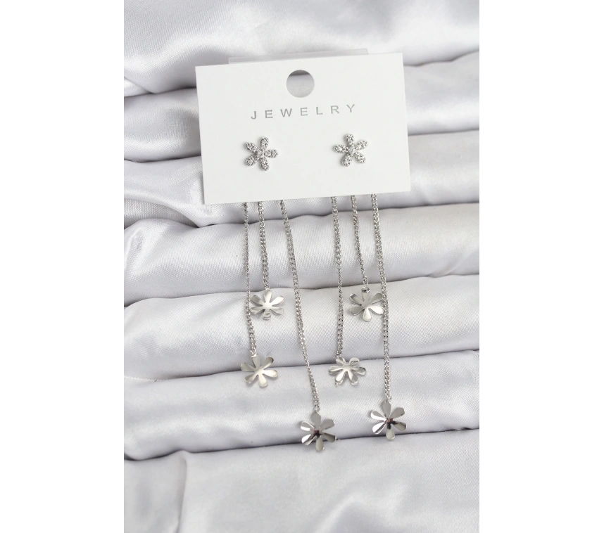 Papatya Model Gümüş Renk Pirinç Sallantılı Kadın Küpe