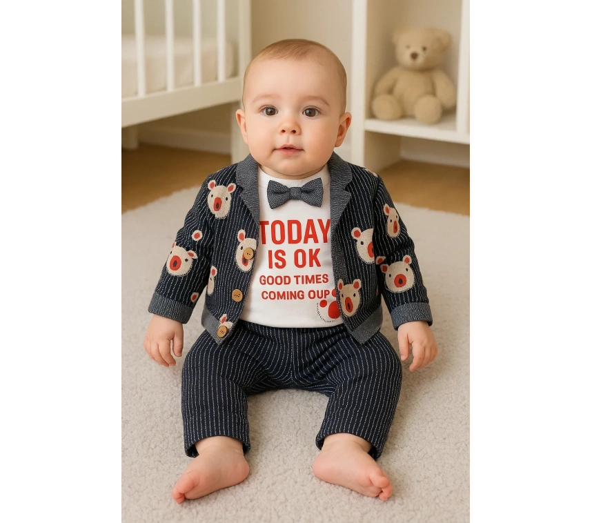 Papyonlu Bear Çizgili Model Ceketli 3lü Erkek Bebek Takımı