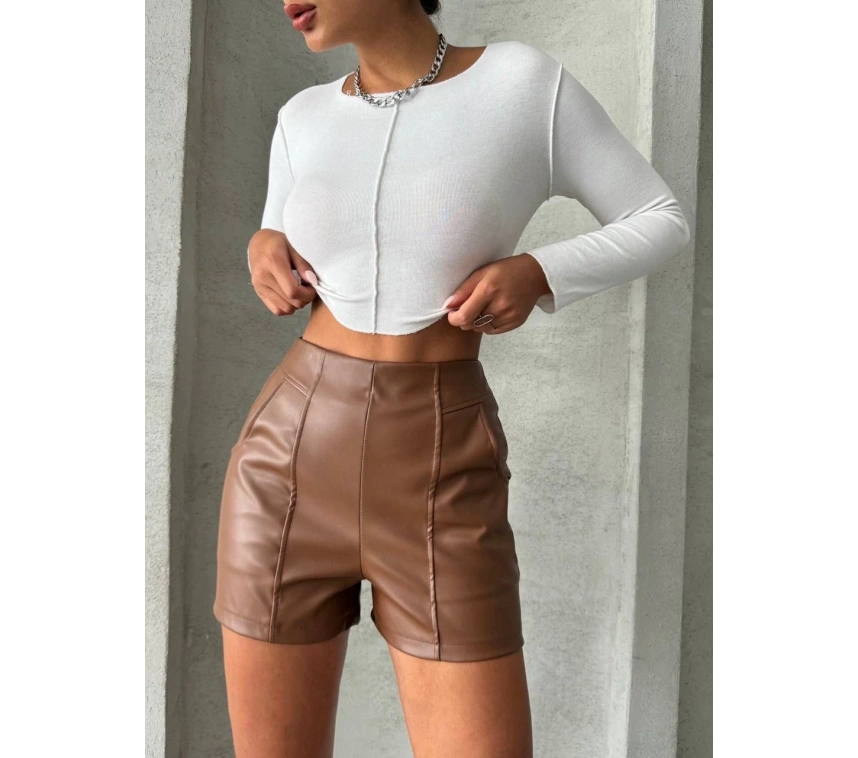 Parçalı cepli deri şort taba w26312