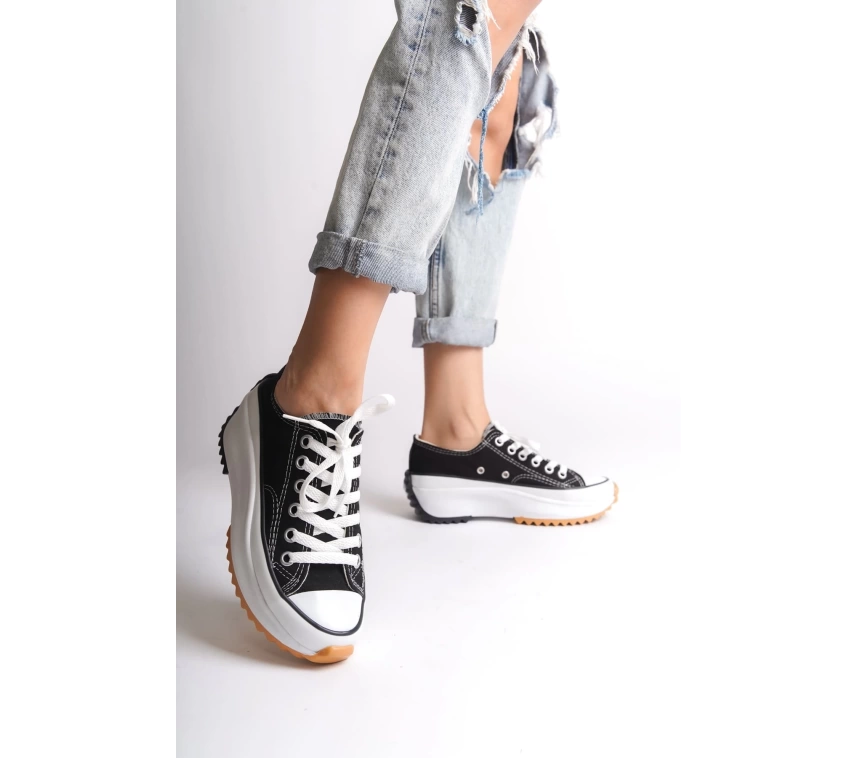PARIS Bağcıklı Ortopedik Taban Kadın Sneaker Spor Ayakkabı  BT - Siyah