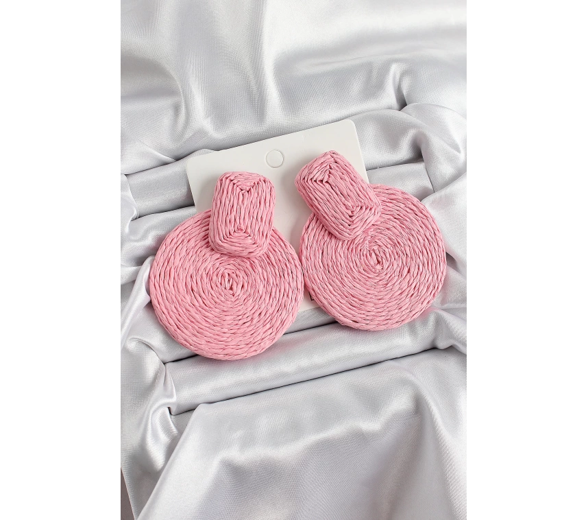 Pembe Daire Figürlü Hasır Örgü Model Gold Renk Kadın Küpe
