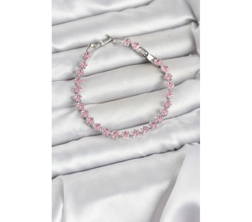 Pembe Kare Zirkon Taşlı Gümüş Renk Pirinç Su Yolu Kadın Bileklik