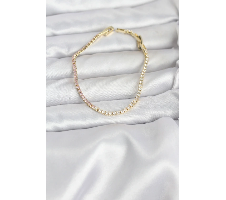 Pembe ve Beyaz Zirkon Taşlı Gold Renk Su Yolu Kadın Bileklik
