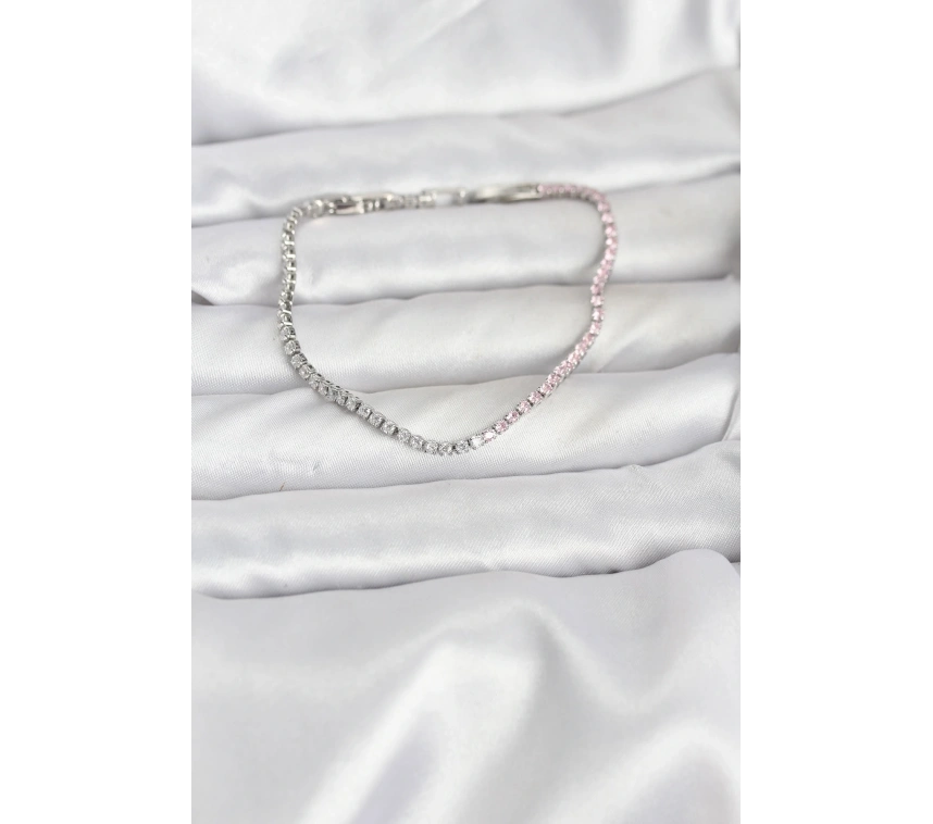 Pembe ve Beyaz Zirkon Taşlı Gümüş Renk Su Yolu Kadın Bileklik