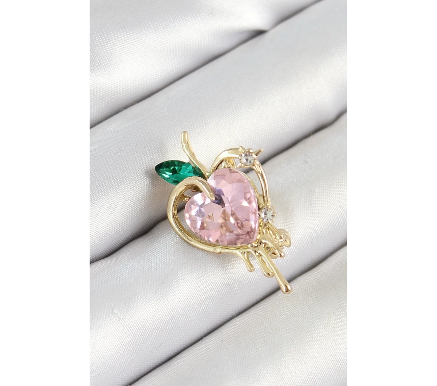 Pembe Ve Yeşil Zirkon Taşlı 3D Eriyen Kalp Figürlü Gold Renk Kadın Broş