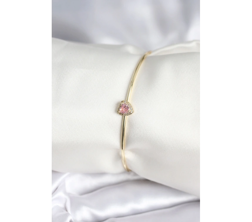 Pembe Zirkon Taşlı Kalp Model Gold Renk Kadın Bileklik