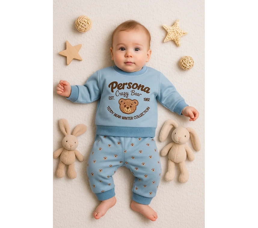 Persona Bear Nakışlı % 100 Pamuk 2li Erkek Bebek Takım