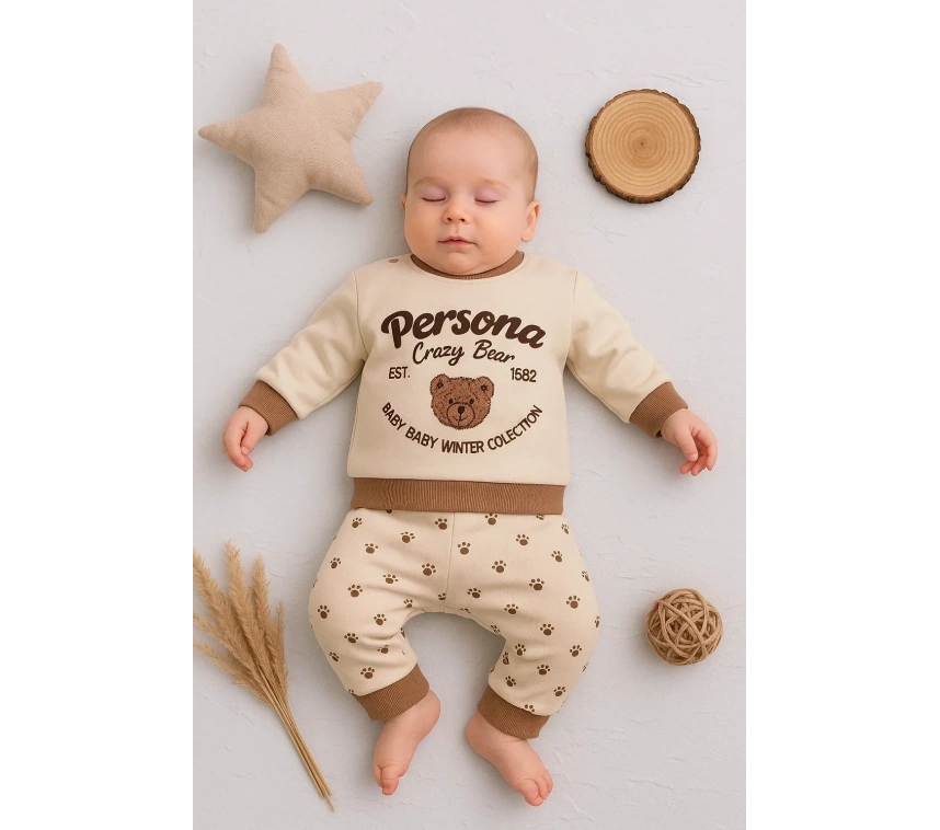 Persona Bear Nakışlı % 100 Pamuk 2li Erkek Bebek Takım