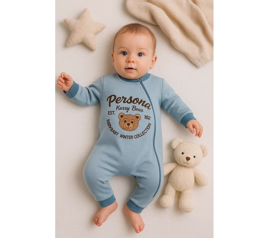Persona Bear Nakışlı % 100 Pamuk Erkek Bebek Tulum