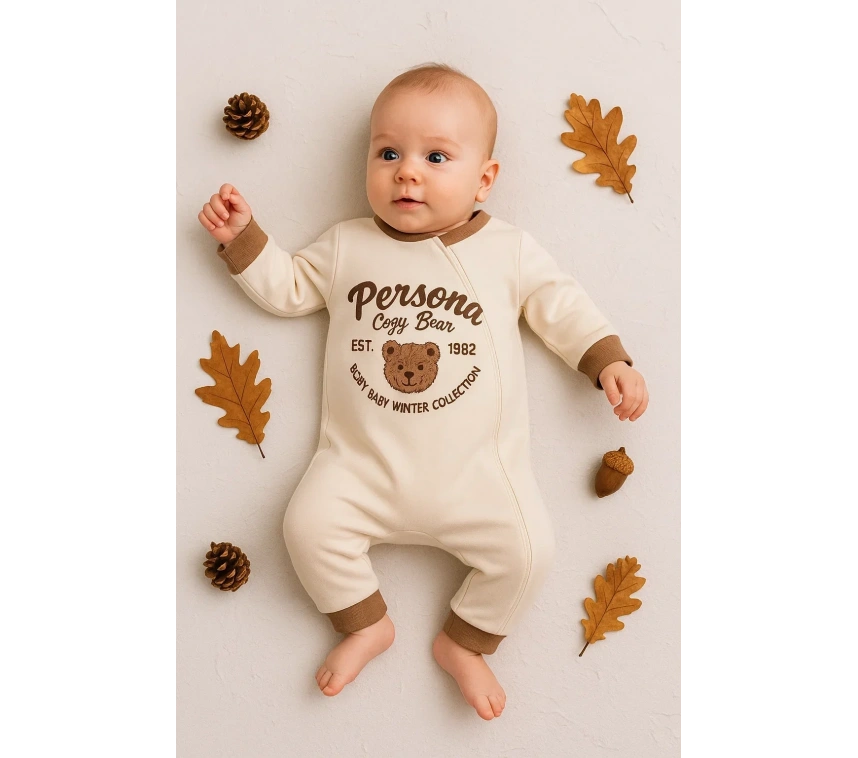 Persona Bear Nakışlı % 100 Pamuk Erkek Bebek Tulum