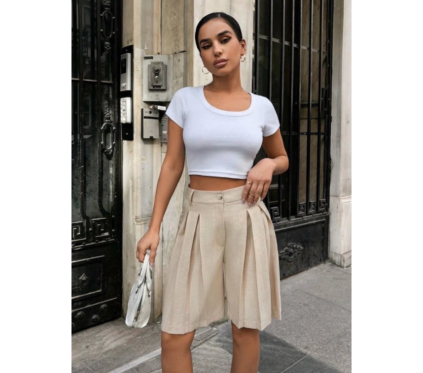 Pileli keten şort S24291