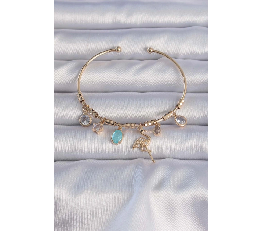 Pirinç Altın Renk Zirkon Taşlı Flamingo Figürlü Charm Bileklik