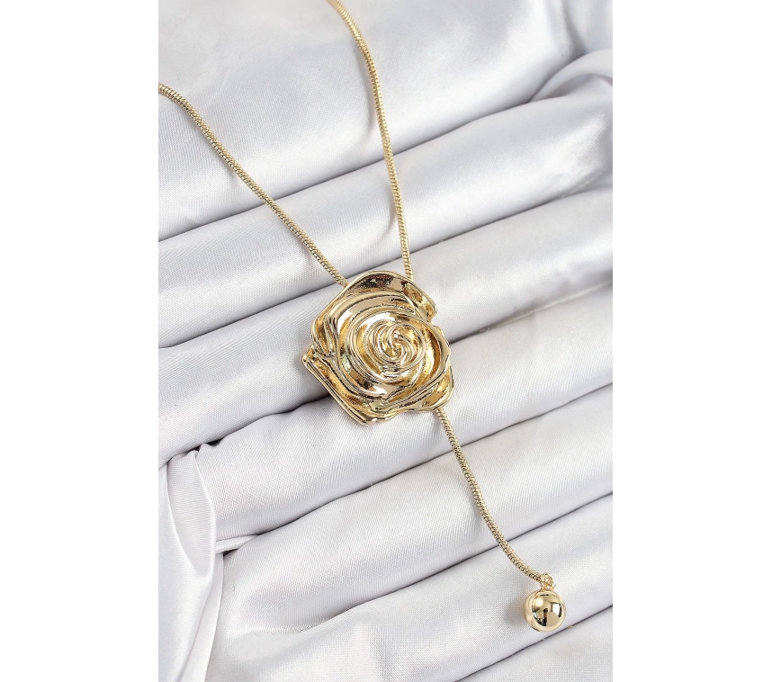 Pirinç Asansörlü Gül Model Gold Renk Kadın Kolye