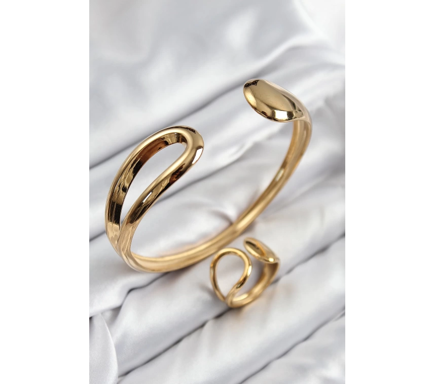 Pirinç Ayrık Model Gold Renk Bileklik Yüzük Set