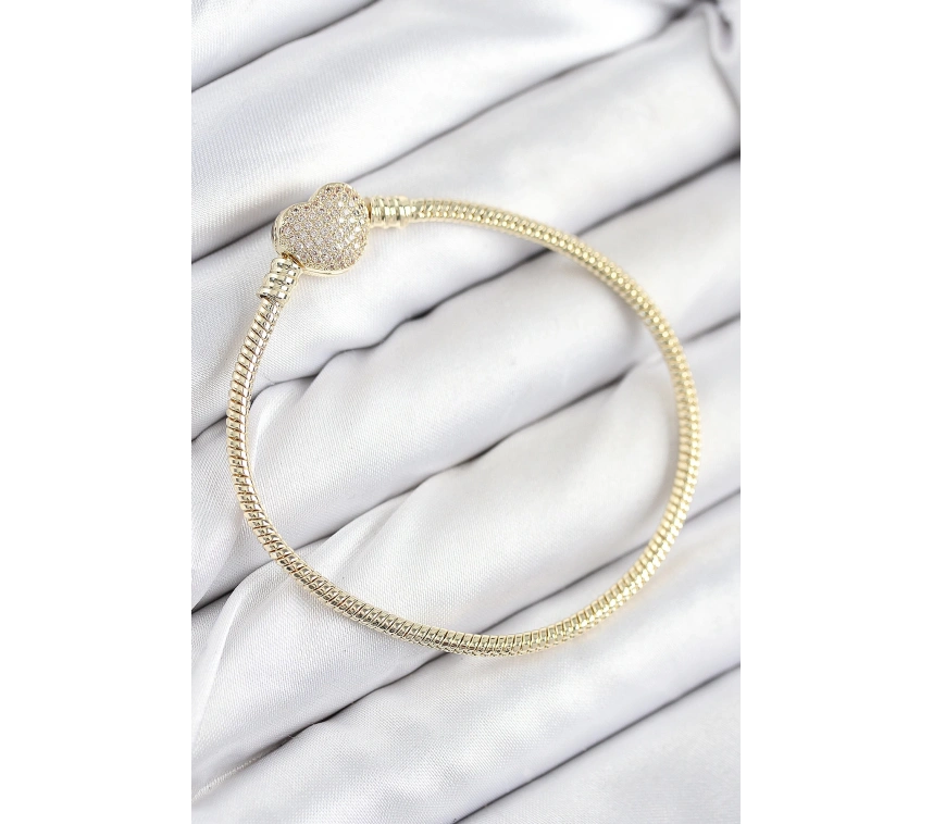 Pirinç Charm Zirkon Taşlı Kalp Model Gold Renk Kadın Bileklik