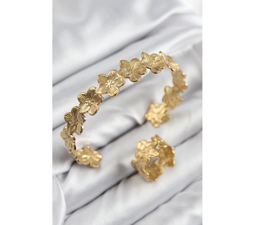 Pirinç Çiçek Model Gold Renk Bileklik Yüzük Set